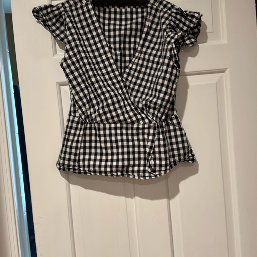 J. Crew Black and White Gingham Faux Wrap Top